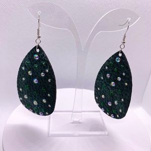 Handmade Faux Leather Teardrop Earrings Covered In Glitter Green